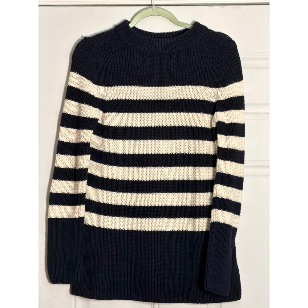 Talbots Womens Navy Blue White Striped Cotton Shaker Knit Sweater XS